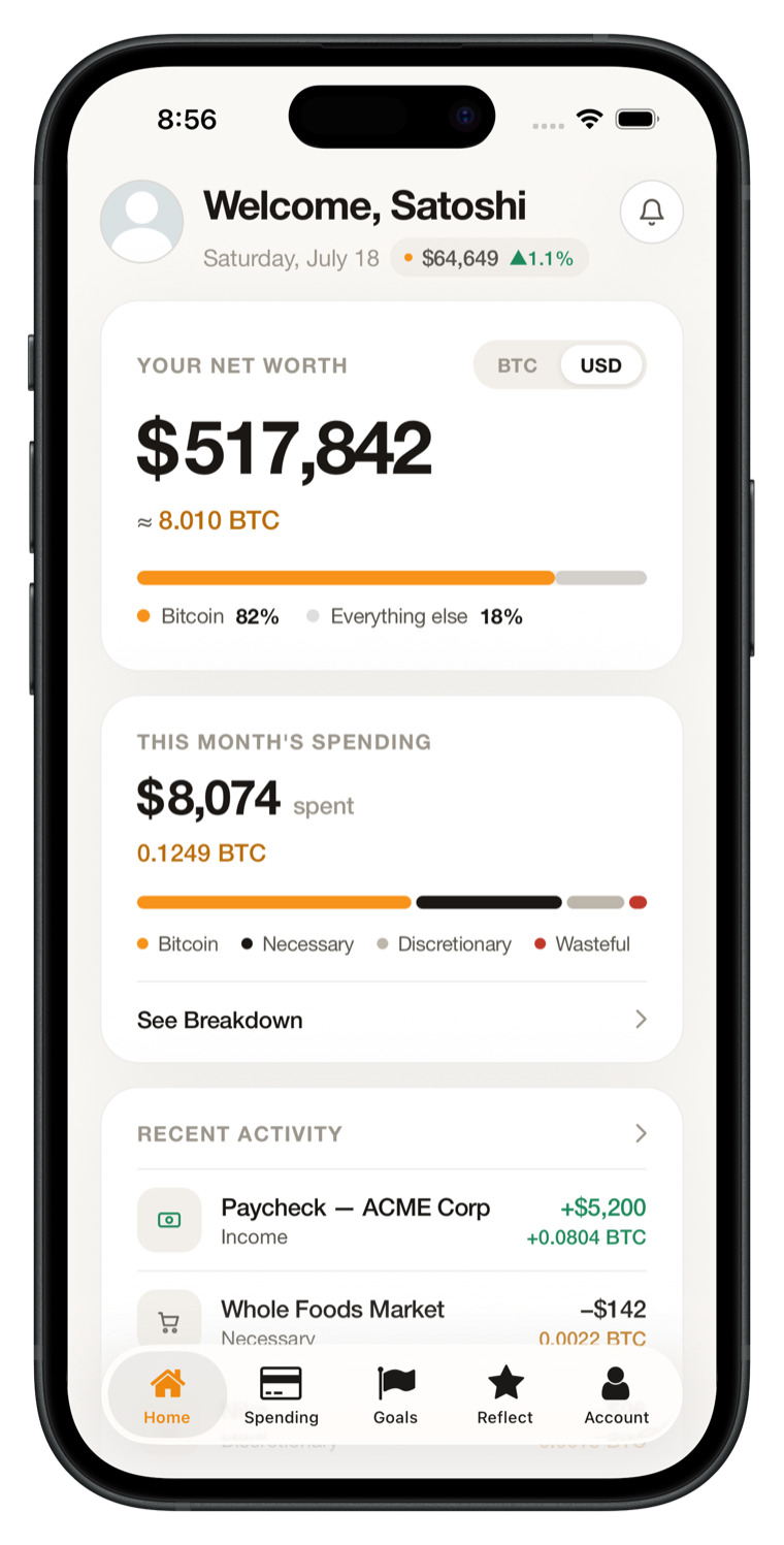 Compass BTC on iPhone — net worth, spending, and goals in Bitcoin terms